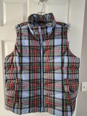 Lands End Plaid Quilted Puffer Vest - Light Blue & Multicolor Size Large 14/16